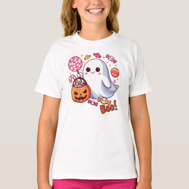 Söt kuslig Halloween-ghost, pumpor och godis. T Shirt (Framsida)
