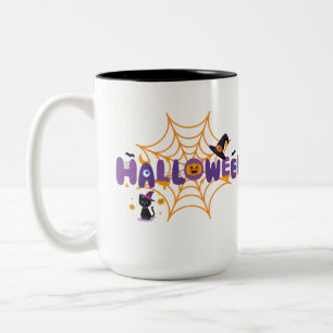 Söt kuslig Halloween svart katt och spindelnätsmug Två-Tonad Mugg