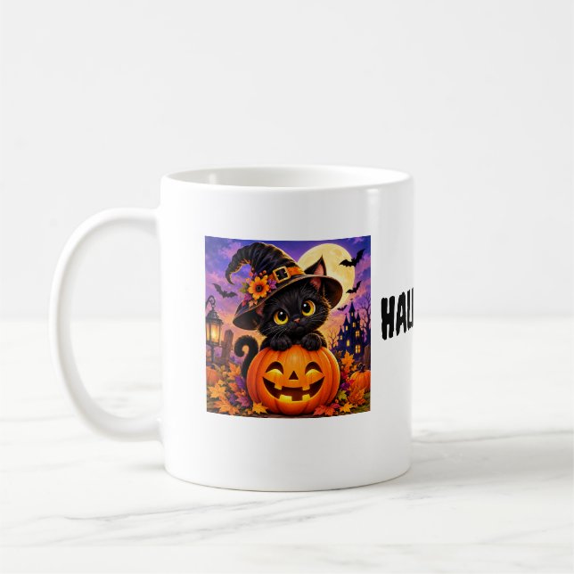 Söt kuslig Halloween svart katt & pumpa mugg (Vänster)