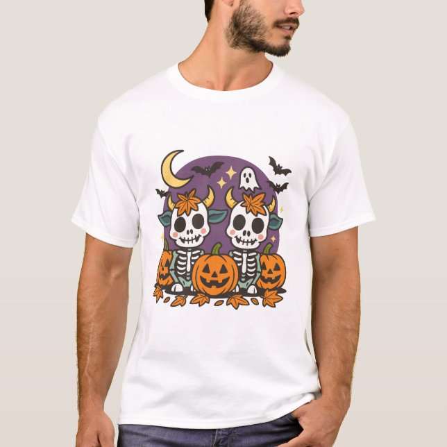 Söt kuslig skelettkor T-shirt med pumpor (Framsida)