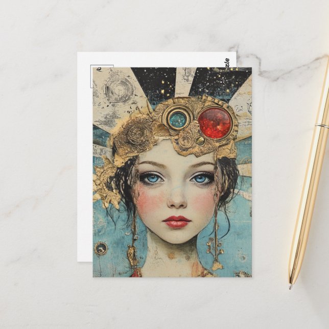 Söt kvinna mixed media collage vykort (Fram/Back In Situ)