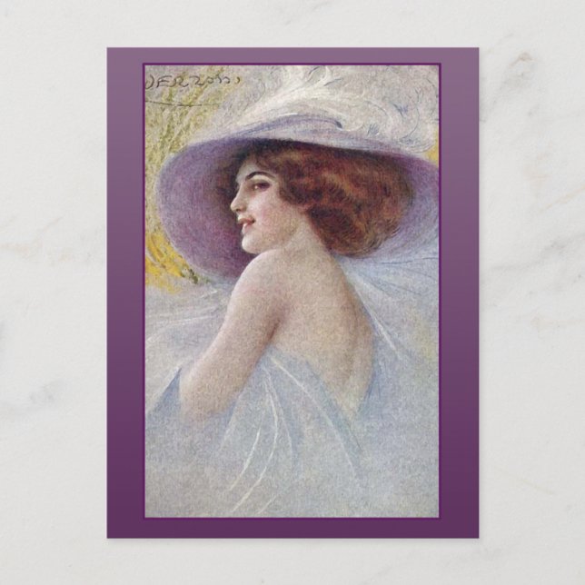 Söt Kvinnor i ett stort hattkort och vykort (Framsida)