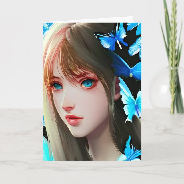 Söt Kvinnor med blå fjärilar födelsedag Kort (Framsida)