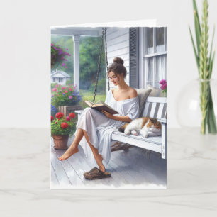 Söt Kvinnor som läser Bok i födelsedag Kort