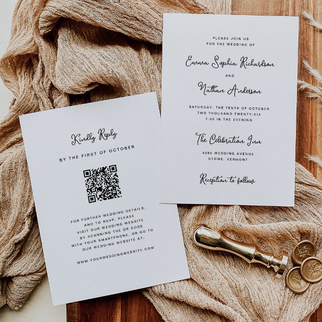 Söt kvismiskt svart och vitt | Bröllop QR-kod Inbjudningar (A sweet and whimsical wedding invitation with a scannable QR code to RSVP)