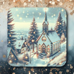 Söt kyrka på en vinterjul fyrkantigt klistermärke<br><div class="desc">Den söt kyrkan med glatt snö som faller på den nostalgiska årshelgen julklistermärken.</div>
