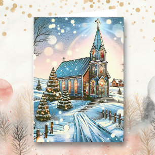 Söt kyrka på en vinterjul helgkort
