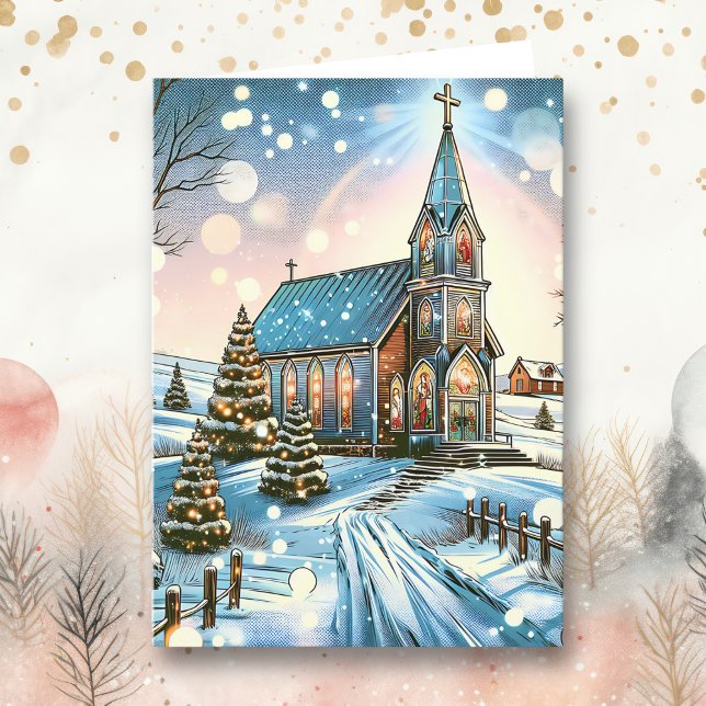 Söt kyrka på en vinterjul helgkort (Skapare uppladdad)