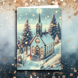 Söt kyrka på en vinterjul kort