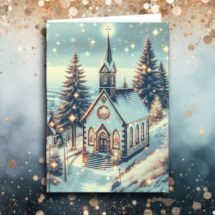 Söt kyrka på en vinterjul kort