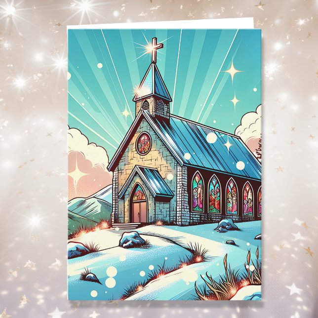 Söt kyrka på en vinterjul kort (Skapare uppladdad)