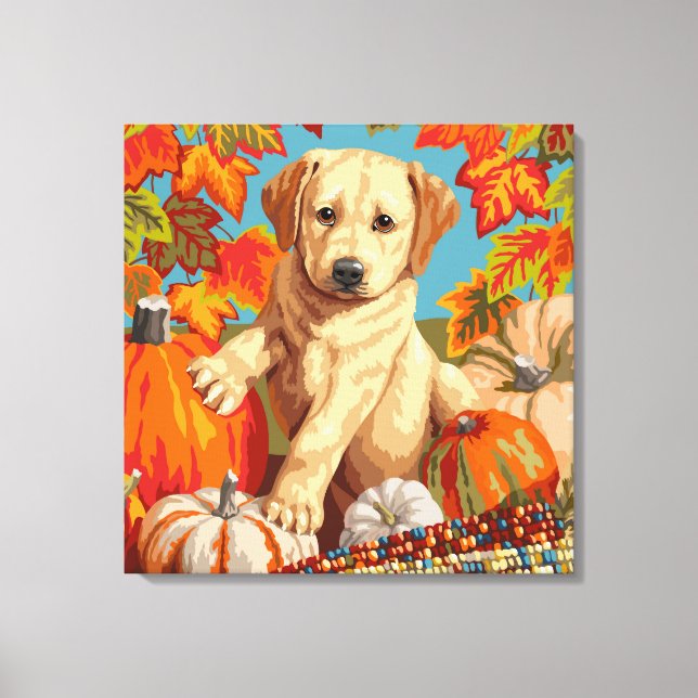 Söt Labrador Retriever Valp Höstskörd Canvastryck (Framsida)