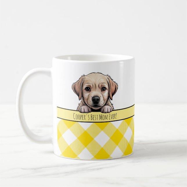 Söt Labrador-valp Bästa Hundmamma Gul Gingham Kaffemugg (Vänster)