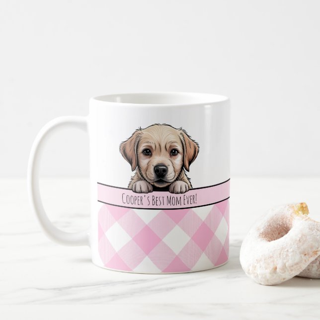 Söt Labrador-valp Bästa Hundmamma Rosa Gingham Kaffemugg (Med munk)