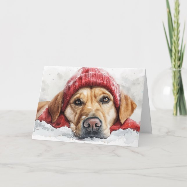 Söt labradorhund i vinterhatt julkort  tack kort (Framsida)