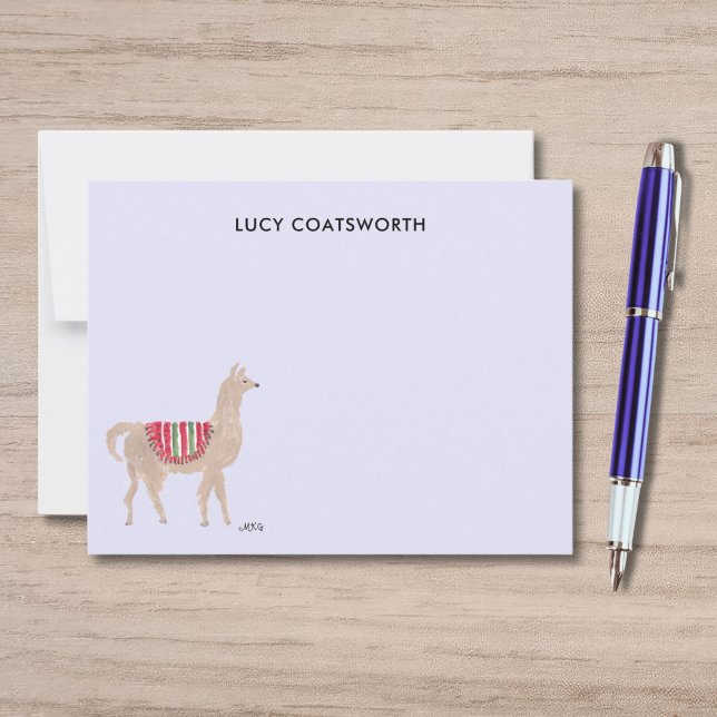 Söt Lama Boho Handmålad Personlig Gård Anteckningskort (These lavender llama thank you notes feature my own artwork of a cute llama wearing a red blanket.)
