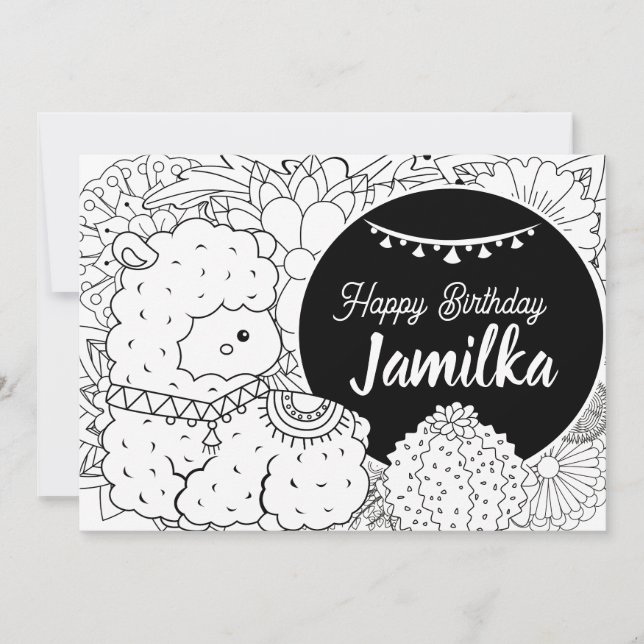 Söt Lama Kaktus Barn Födelsedag Blommig Målarbok Julkort (Framsida)