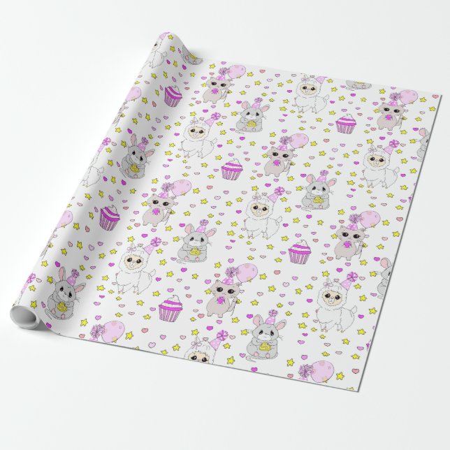 Söt Lama, Kattunge och Mus Cupcake Lila Flickas Presentpapper (Utrullad)