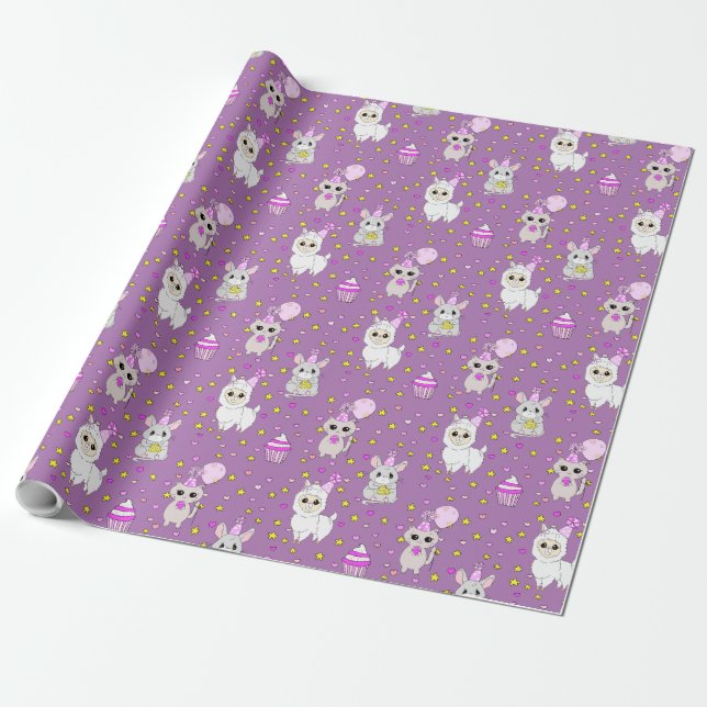Söt lama, kattunge och mus Cupcake lila flickas Presentpapper (Utrullad)