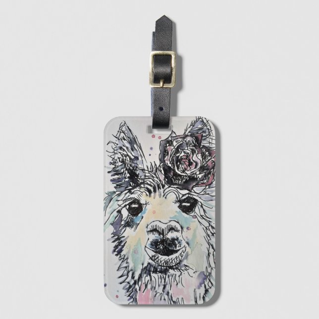 Söt lama med ros vattenfärg konst bagageetikett bagagebricka (Framsida vertikal)