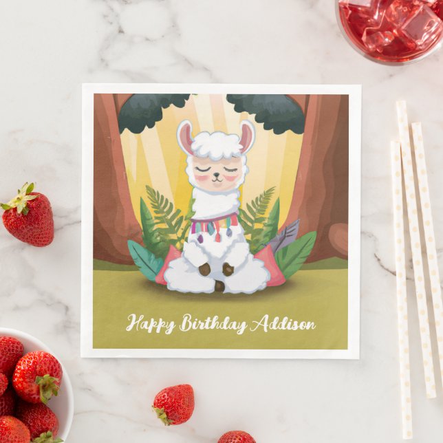 Söt Lama Mediterar i Magisk Skog Födelsedag Pappersservett (Insitu)