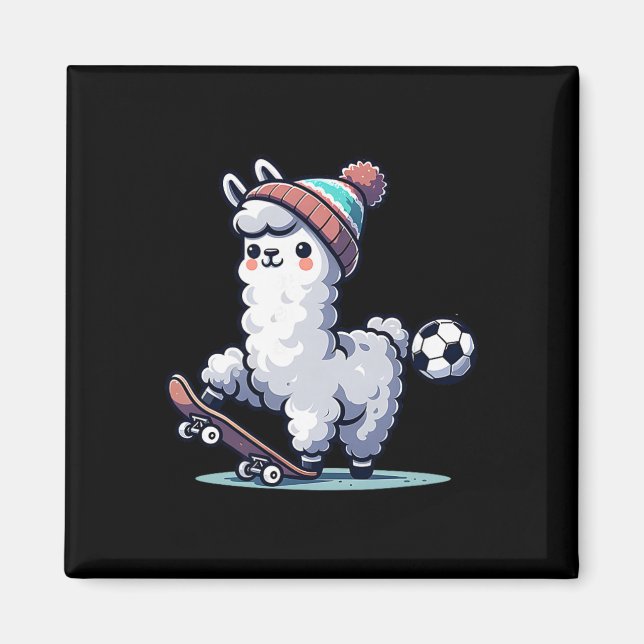 Söt lama på skateboard med fotbollsbill mössa  magnet (Framsidan)