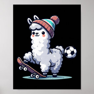 Söt lama på skateboard med fotbollsbill mössa poster