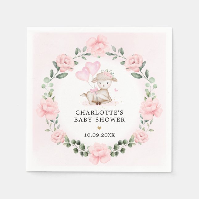 Söt Lamb Baby Rosa Blommigt Baby Shower-favoriter  Pappersservett (Framsidan)