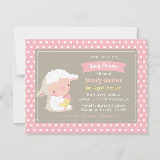 Söt lamm mjölkflaska rosa baby shower inbjudningar (Framsida)