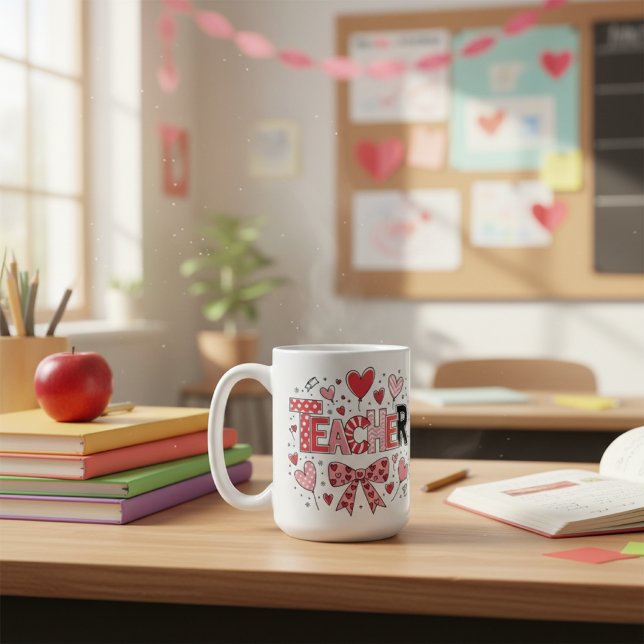 Söt lärare Alla hjärtans dag Coquette Bow Heart  Kaffemugg (Skapare uppladdad)