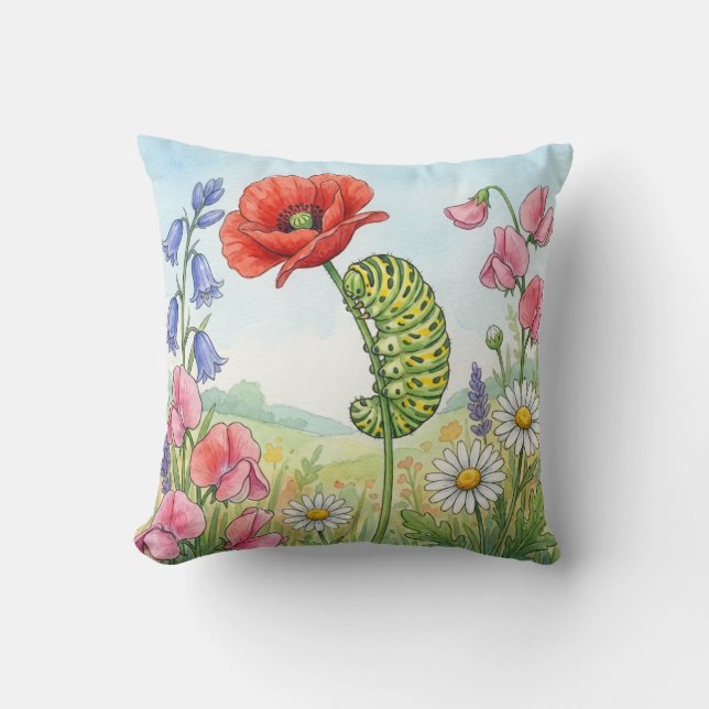 Söt larv och blommor Små insekter  Kudde (Framsida)