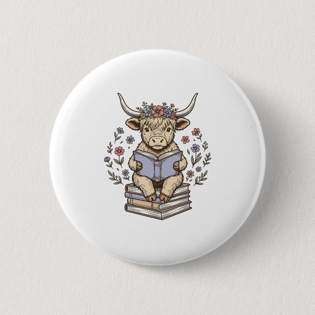 Söt Läsande Ko Blommig Bokstapel Vintage Design_ Knapp (Framsida)