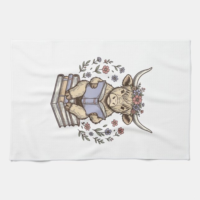 Söt Läsande Ko Blommig Bokstapel Vintage Design_ Kökshandduk (Horisontell)