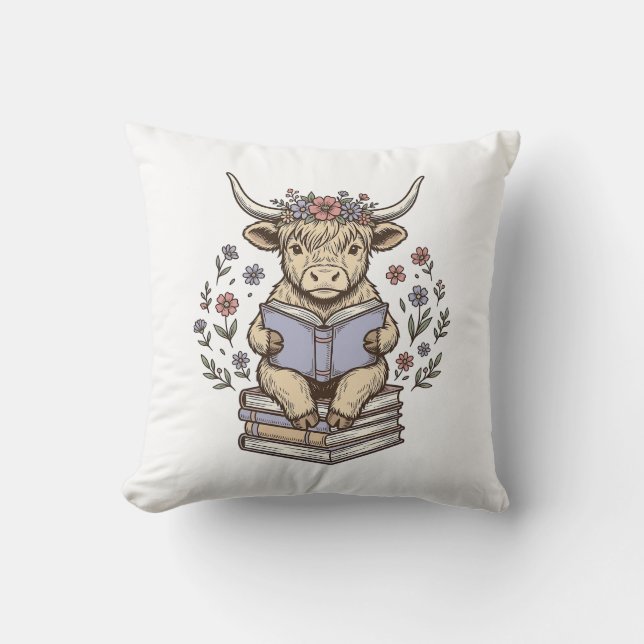 Söt Läsande Ko Blommig Bokstapel Vintage Design_ Kudde (Framsida)