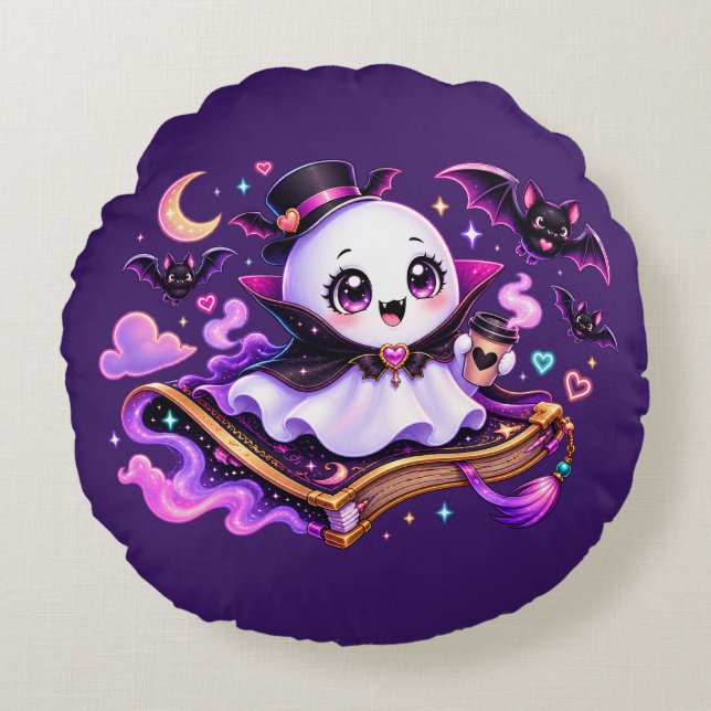 Söt läsande spökhalloween rund kudde (Framsidan)