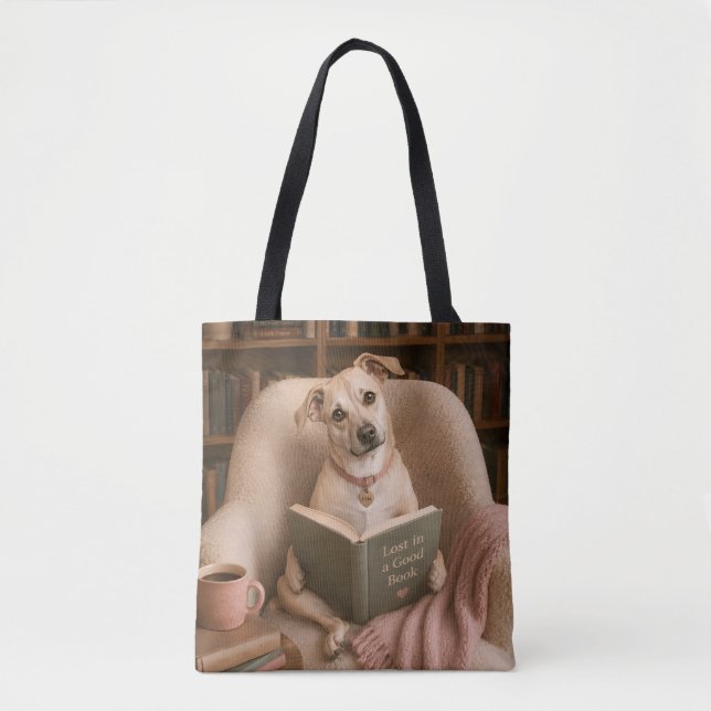 Söt läshund akvarell bibliotek illustration tygkasse (Framsida)
