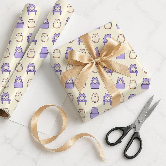 Söt Lavendel Knubbig Katt Pastell Presentpapper (Kawaii Lavender Chonky Cat Pastel Gift Wrap Paper)
