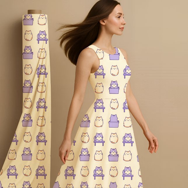 Söt Lavendel Knubbig Katt Pastell Sötnos Tyg Mönst (Fabric with Cat)