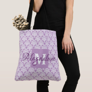 Söt Lavender Damask Feminine Monogram & Namn Tygkasse