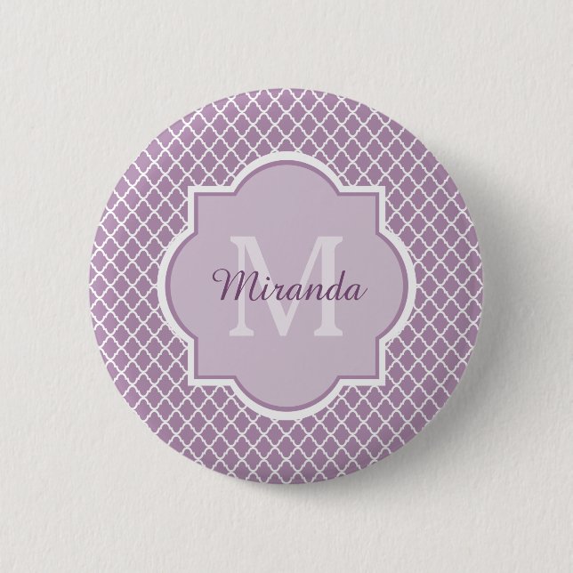Söt Lavender Lila Quatrefoil Monogrammed Namn Knapp (Framsida)