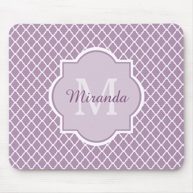 Söt Lavender Lila Quatrefoil Monogrammed Namn Musmatta (Framsidan)