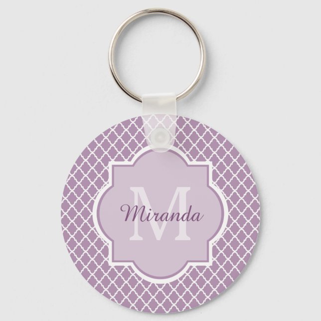 Söt Lavender Lila Quatrefoil Monogrammed Namn Nyckelring (Framsida)