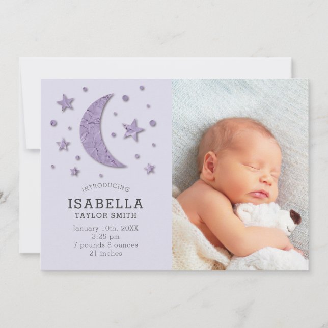 Söt Lavender Måne Stars Baby Fotofödelse Meddelande (Framsida)