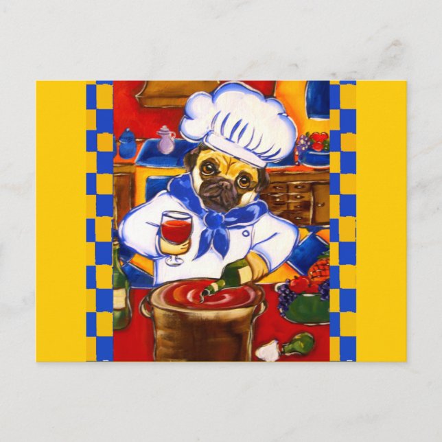 Söt Le Cafe Pug Kock Vykort (Framsida)