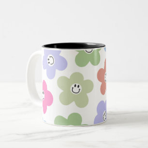 söt leende blomkruka/tusenskönor pastell estetiskt Två-Tonad mugg