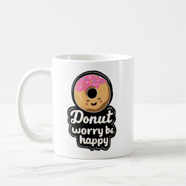 Söt leende donut – “Donut Worry Be Happy” Illustra Kaffemugg (Vänster)
