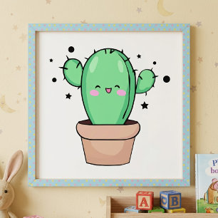 Söt leende Kawaii Baby Kaktus i vas med stjärnor Fototryck