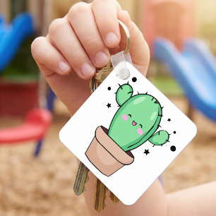 Söt leende Kawaii Baby Kaktus i vas med stjärnor Nyckelring