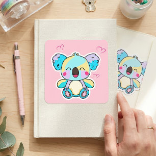Söt leende Kawaii Baby Koala med Kärlekshjärtan Fyrkantigt Klistermärke
