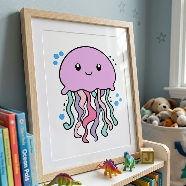 Söt leende Kawaii Baby Manet med Bubblor Fototryck (Cute smiling Kawaii Baby Jellyfish with Bubbles. Photo Print)